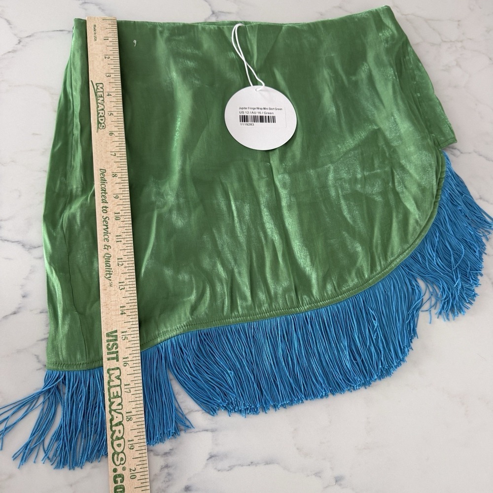 NWT Princess Polly Jupiter Fringe Wrap Mini Skirt Womens 12 Satin Green Dopamine - Picture 12 of 13